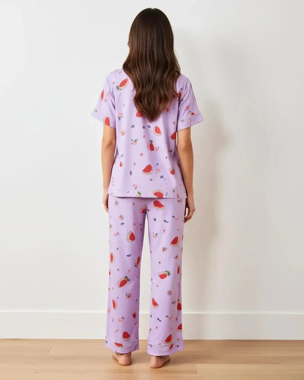 Fruit-Print Light Purple Short-Sleeve Pajama Set OMFORT
