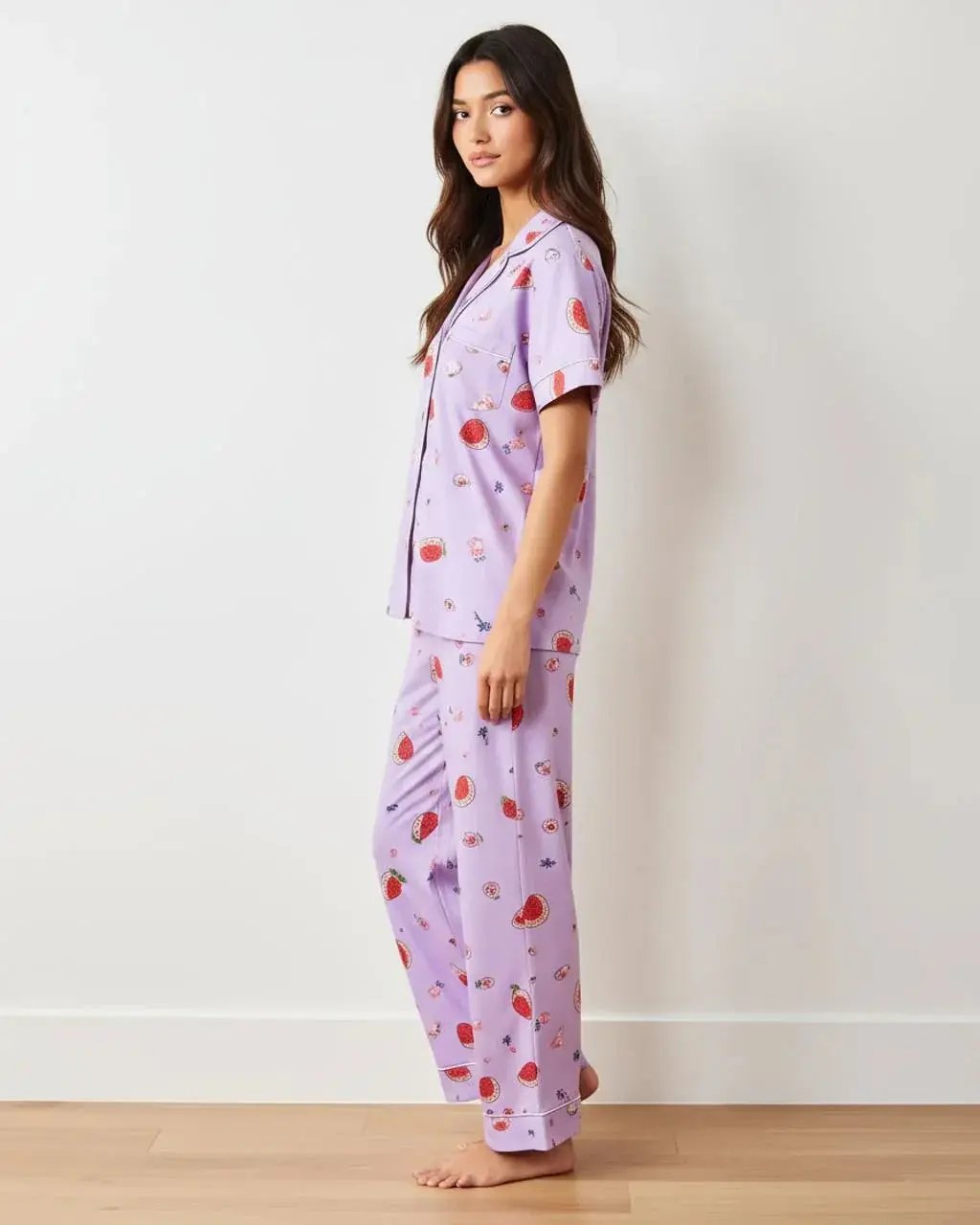 Fruit-Print Light Purple Short-Sleeve Pajama Set OMFORT