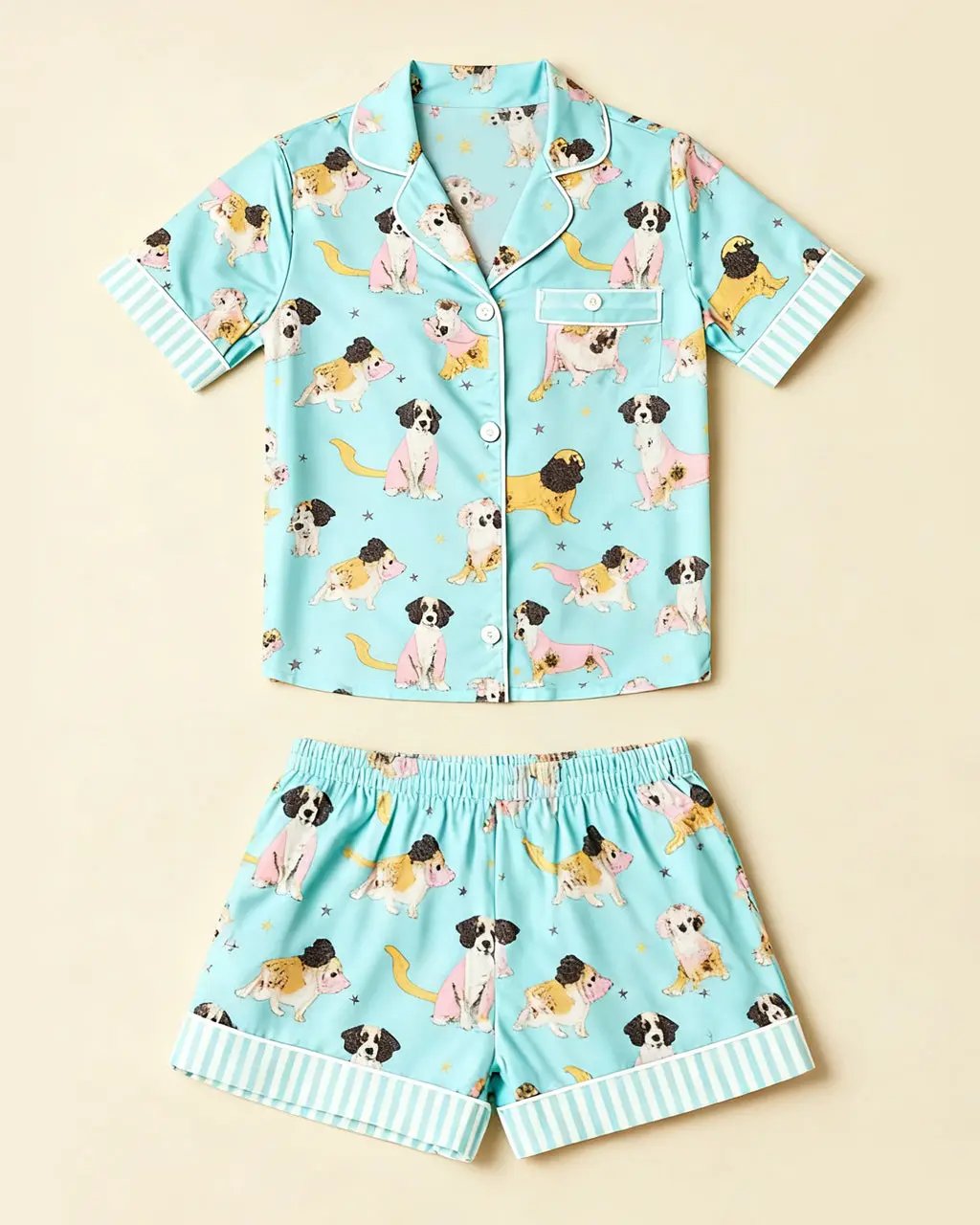 Cute Puppy Print Light Blue Pajama Set OMFORT