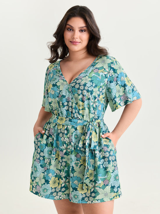 Floral Print Waist-Tie Romper OMFORT