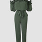 Frill Trim Off Shoulder Short Sleeve Tie Waist Overalls Casual Textured Jumpsuit Omfort