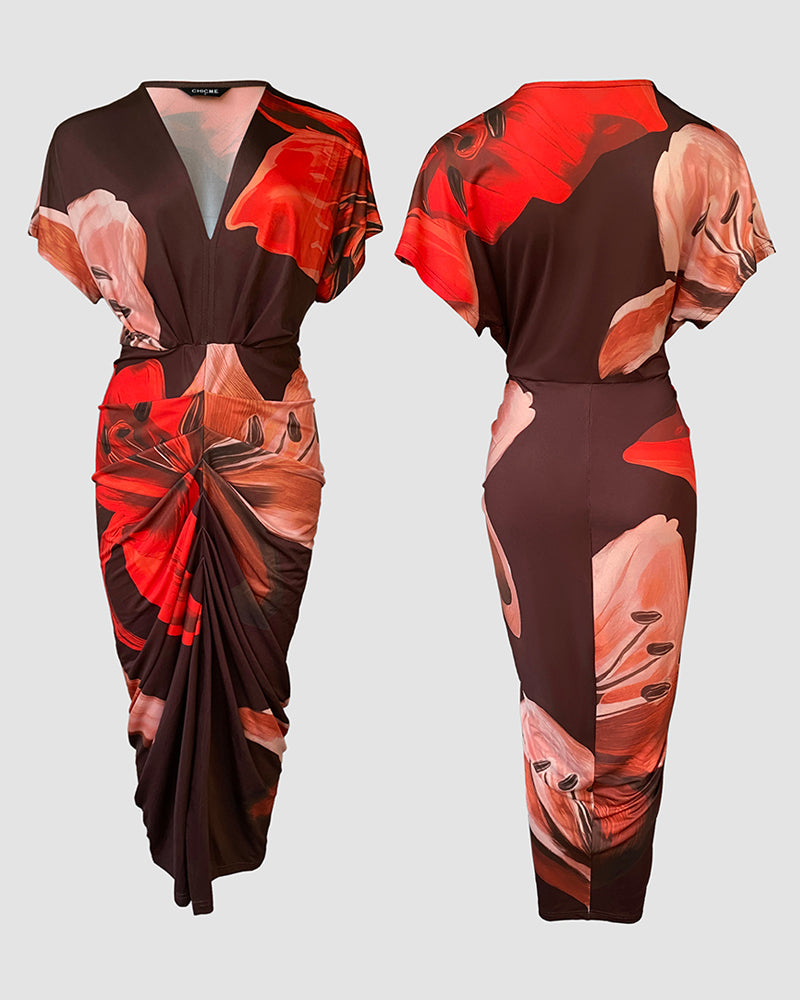 Floral Placement Print Deep V-Neck Front Slit Dress Ruched Slim Fit Vacation Dress Omfort