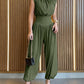 Padded Shoulders Sleeveless Cinched Waist Side High Slit Overalls Casual Hollow-out Back Ruched Jumpsuit Omfort