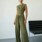 SOLACE  Army Green Sleeveless Wrap Top Wide Leg Pants Set?