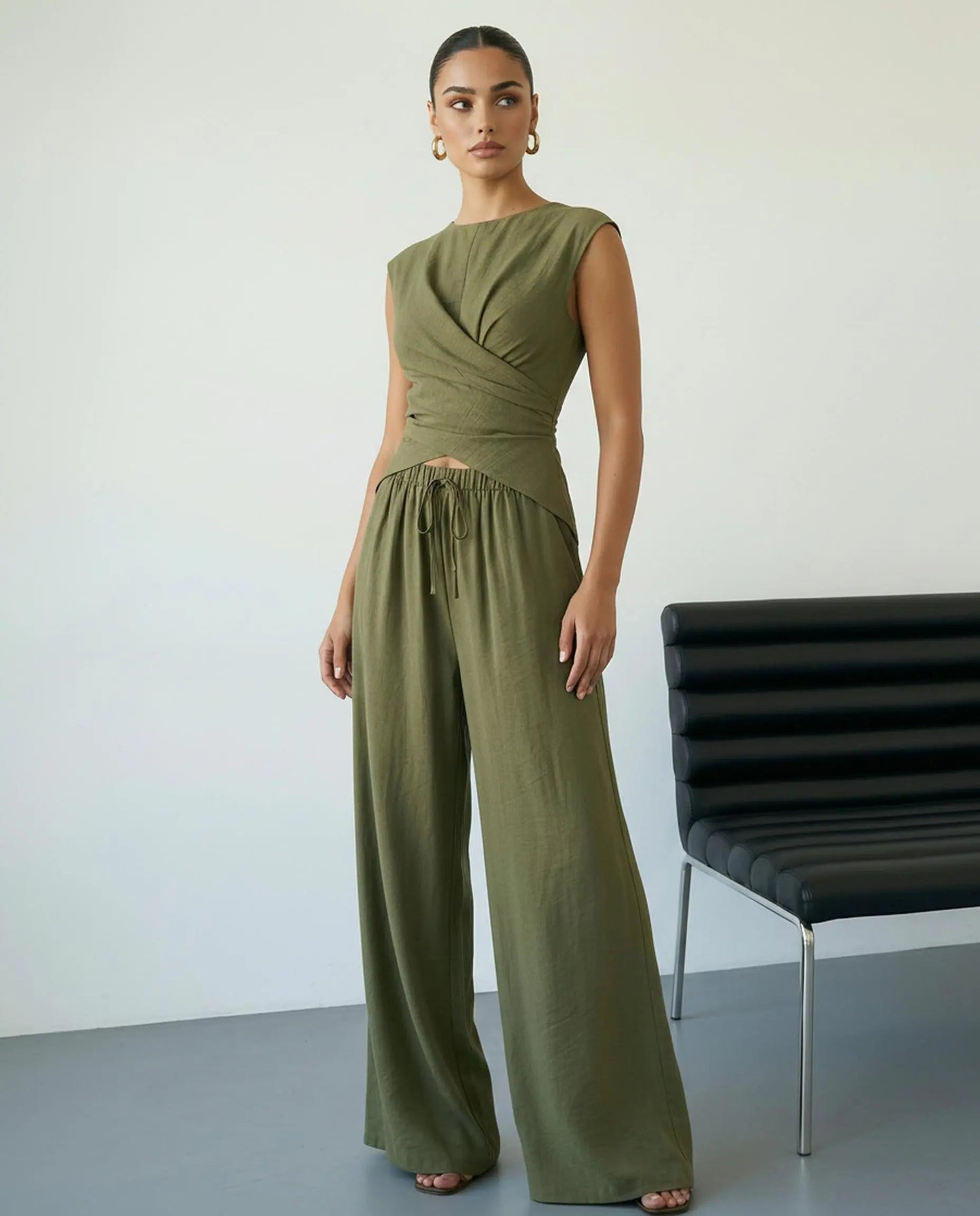 SOLACE  Army Green Sleeveless Wrap Top Wide Leg Pants Set?
