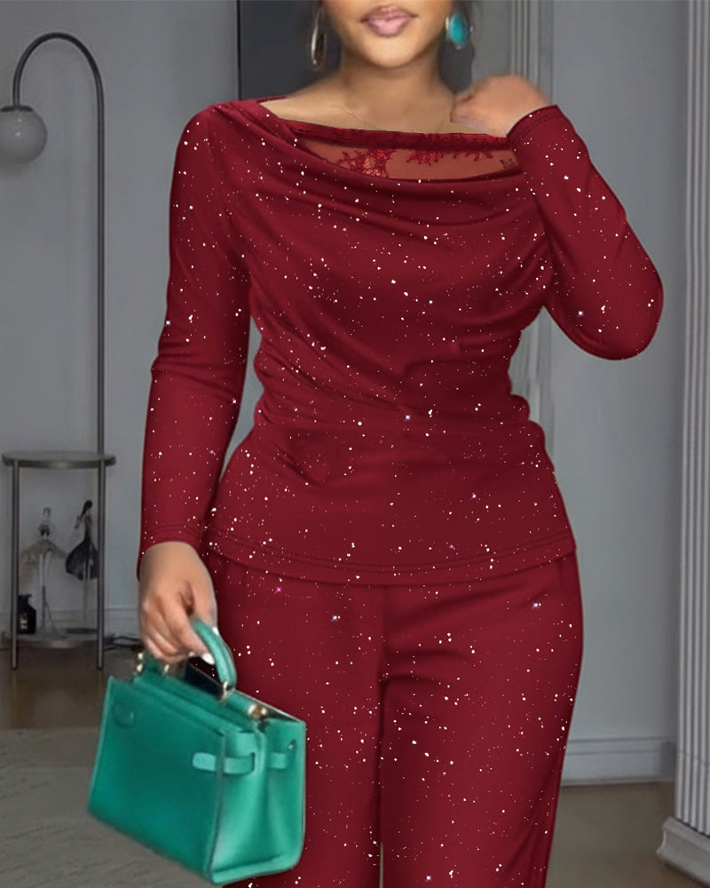 2 Pieces Outfit Cowl Neck Lace Spliced Long Sleeve Top and Elastic Waist Wide Leg Pants Set Casual Glitter Set Omfort