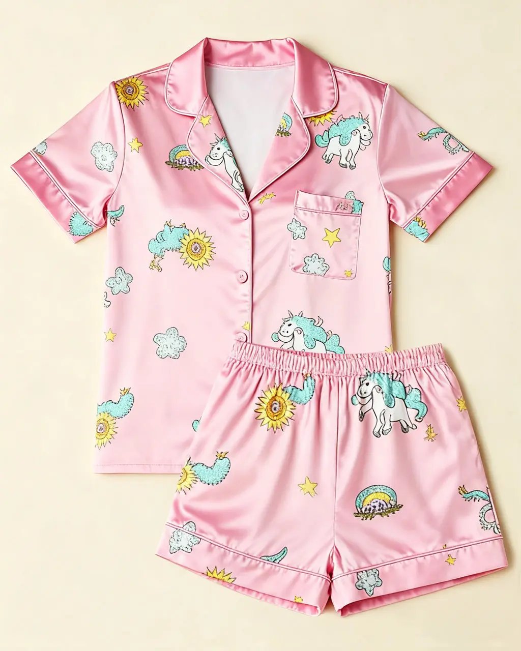 Dreamy Unicorn Print Pink Ice Silk Pajama Set OMFORT