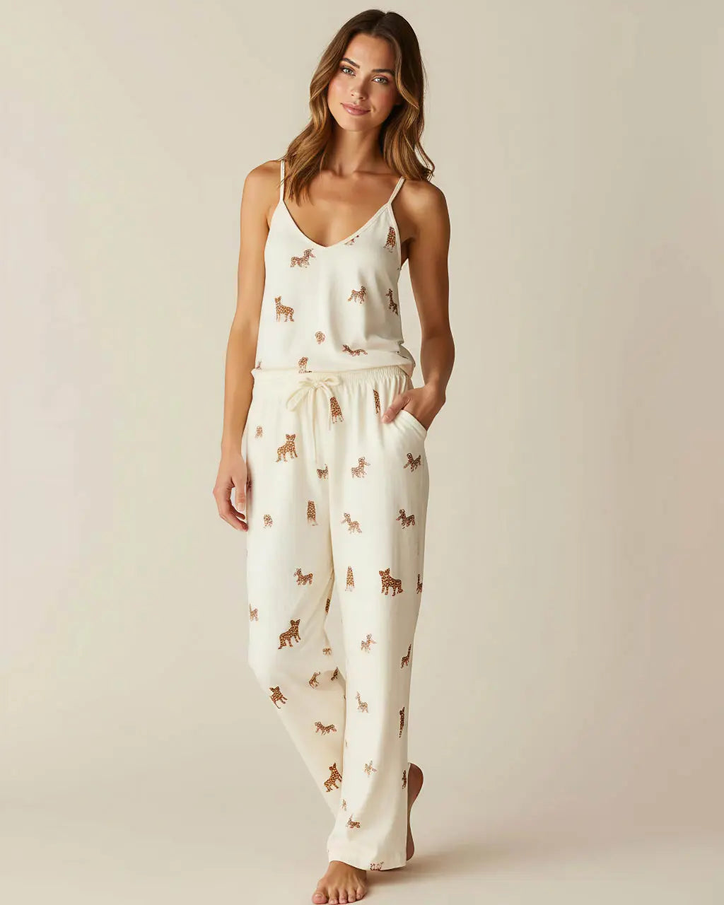 V-Neck Leopard Print Cami Pajama Set OMFORT