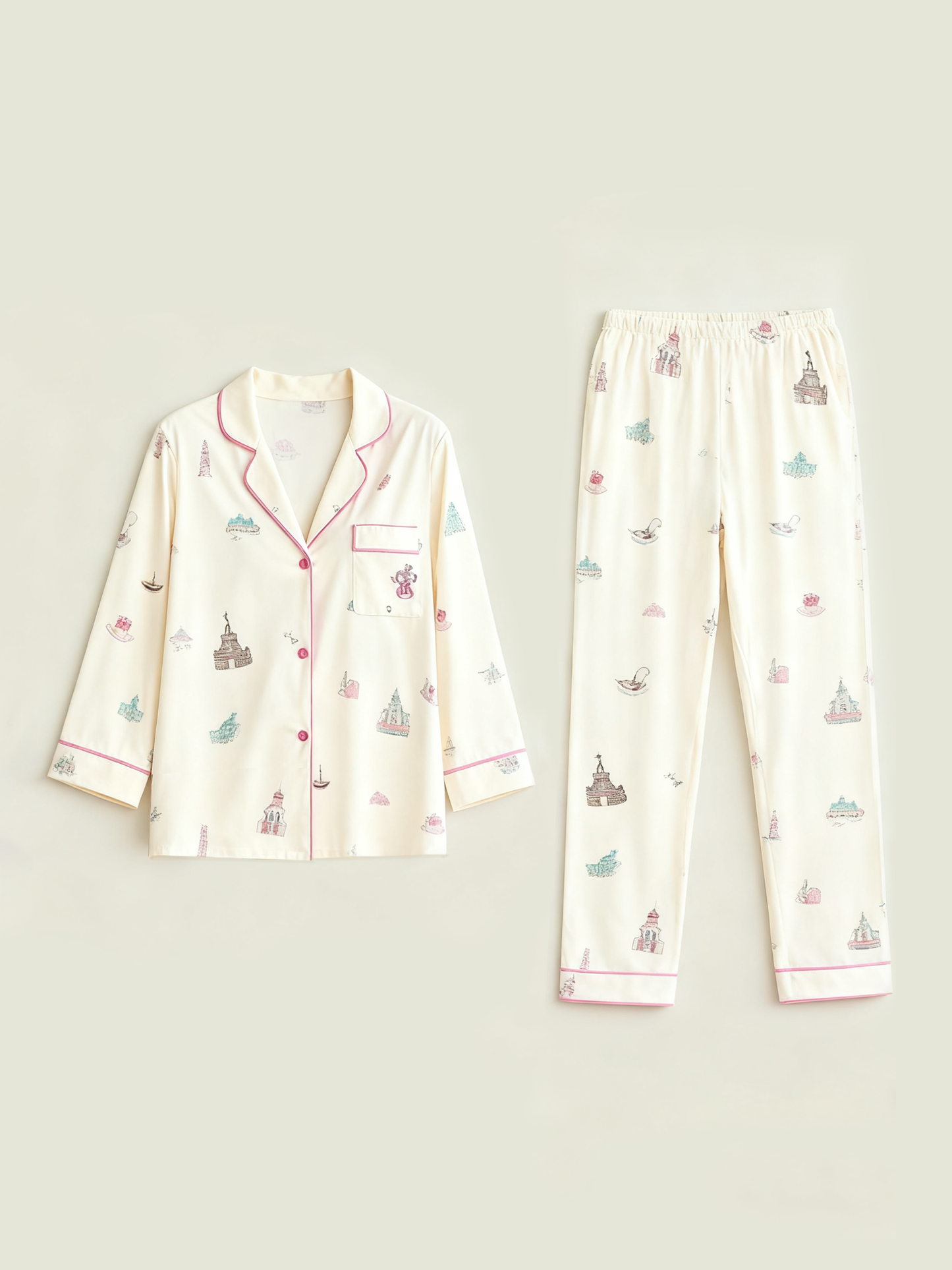 Urban Landmark Print Lapel Pajama Set OMFORT