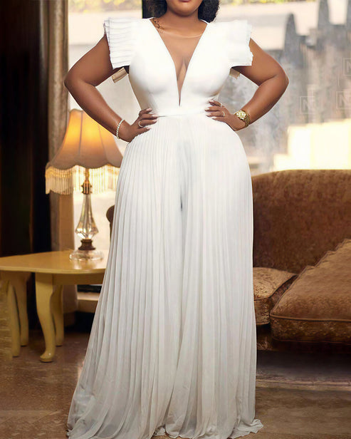 Elegant Solid Patchwork Fold V Neck Straight Jumpsuits omfort