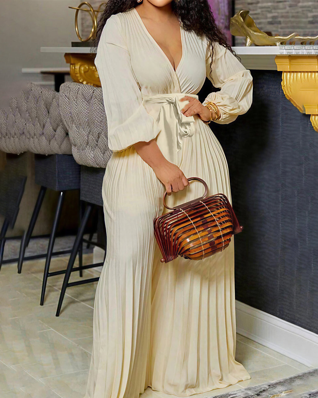 Casual Solid Patchwork Fold V Neck Straight Jumpsuits omfort