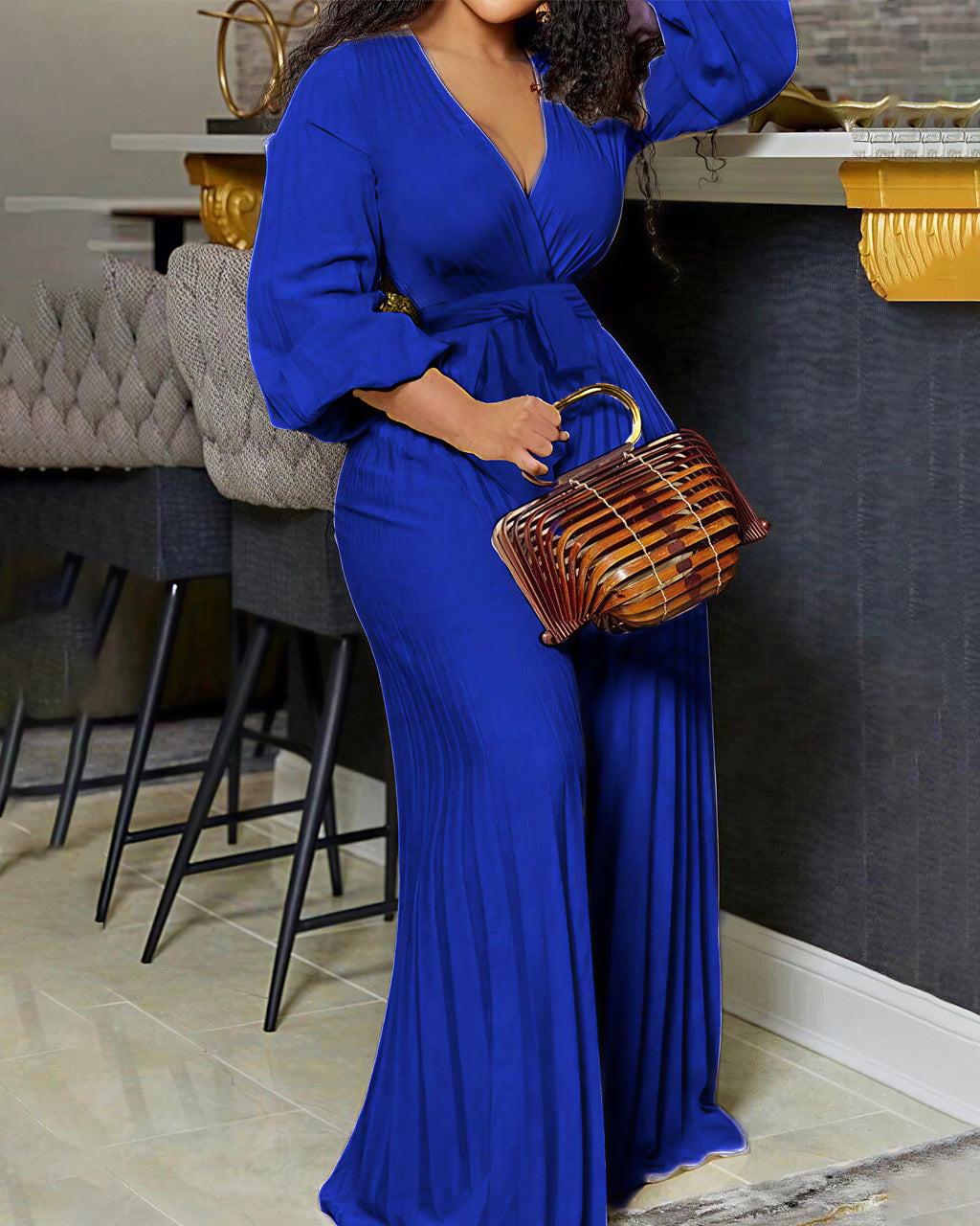 Casual Solid Patchwork Fold V Neck Straight Jumpsuits omfort