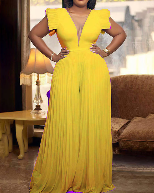 Elegant Solid Patchwork Fold V Neck Straight Jumpsuits omfort