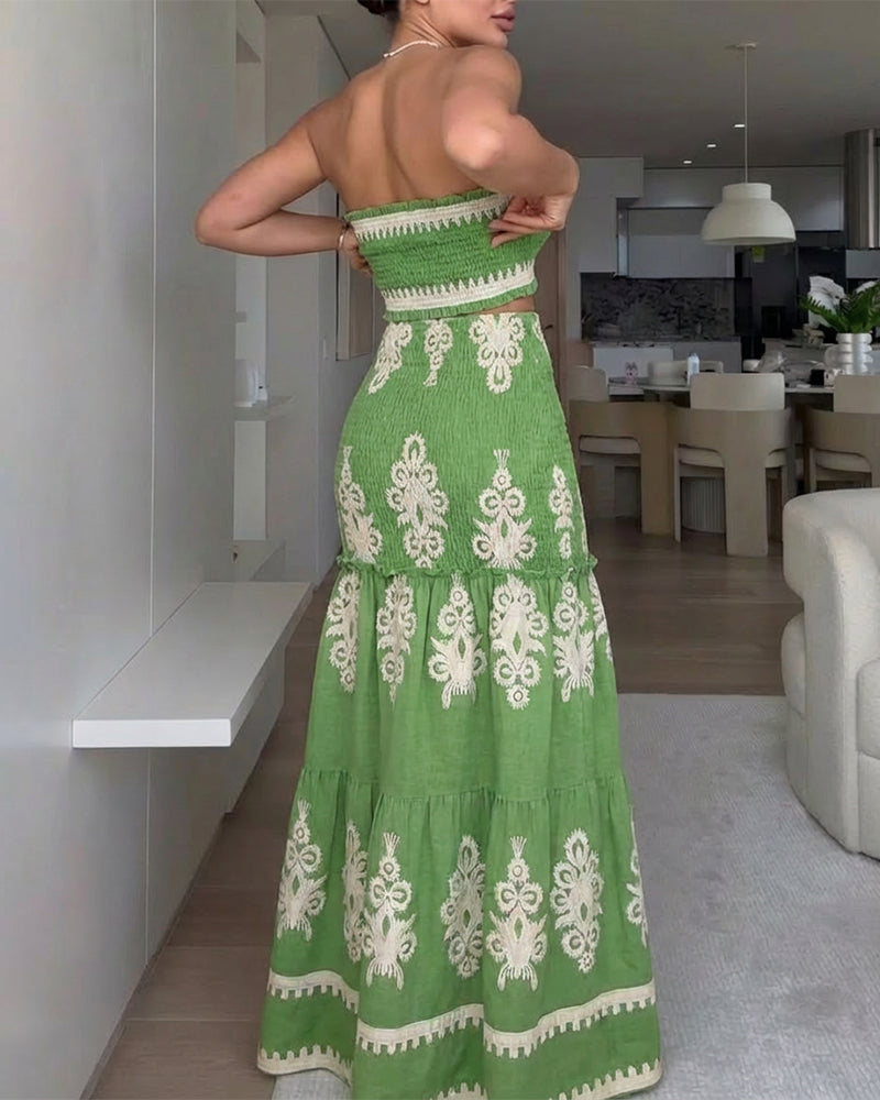 Vintage Baroque Print Frill Trim Bandeau Cutout Front Ruched Mermaid Hem Dress Elegant Tied Detail Shirred Ruffle Hem Vacation Dress Omfort