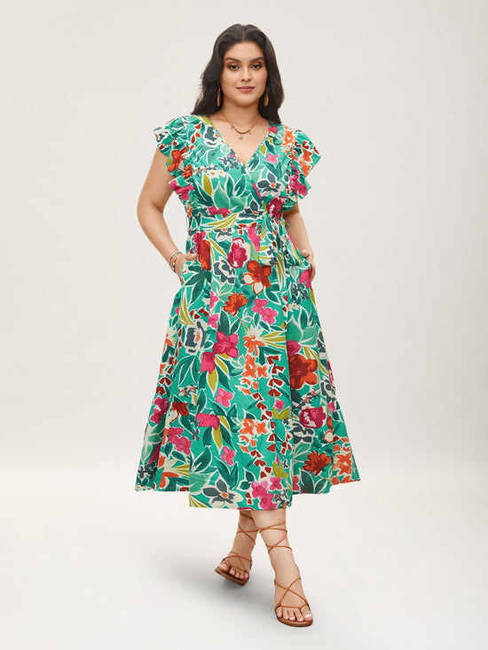 Floral Wrap Patchwork Ruffle Cap Sleeve Dress OMFORT