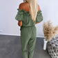 Frill Trim Off Shoulder Short Sleeve Tie Waist Overalls Casual Textured Jumpsuit Omfort