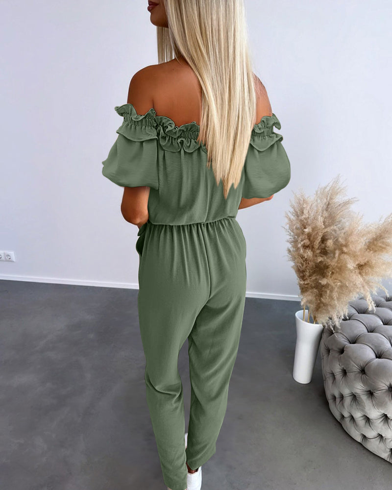 Frill Trim Off Shoulder Short Sleeve Tie Waist Overalls Casual Textured Jumpsuit Omfort
