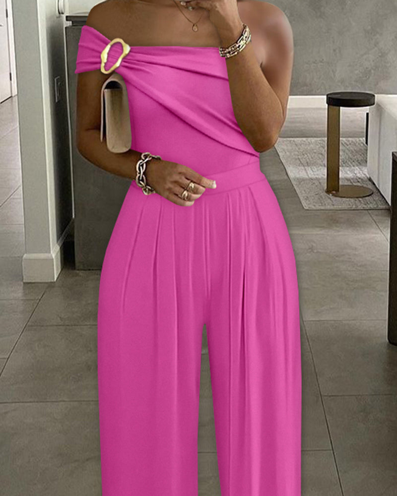 Cold Shoulder Ruched Buckle Wide Leg Jumpsuit Omfort