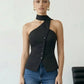 SOLACE  Black Asymmetrical One Shoulder Neck Tie Blouse?