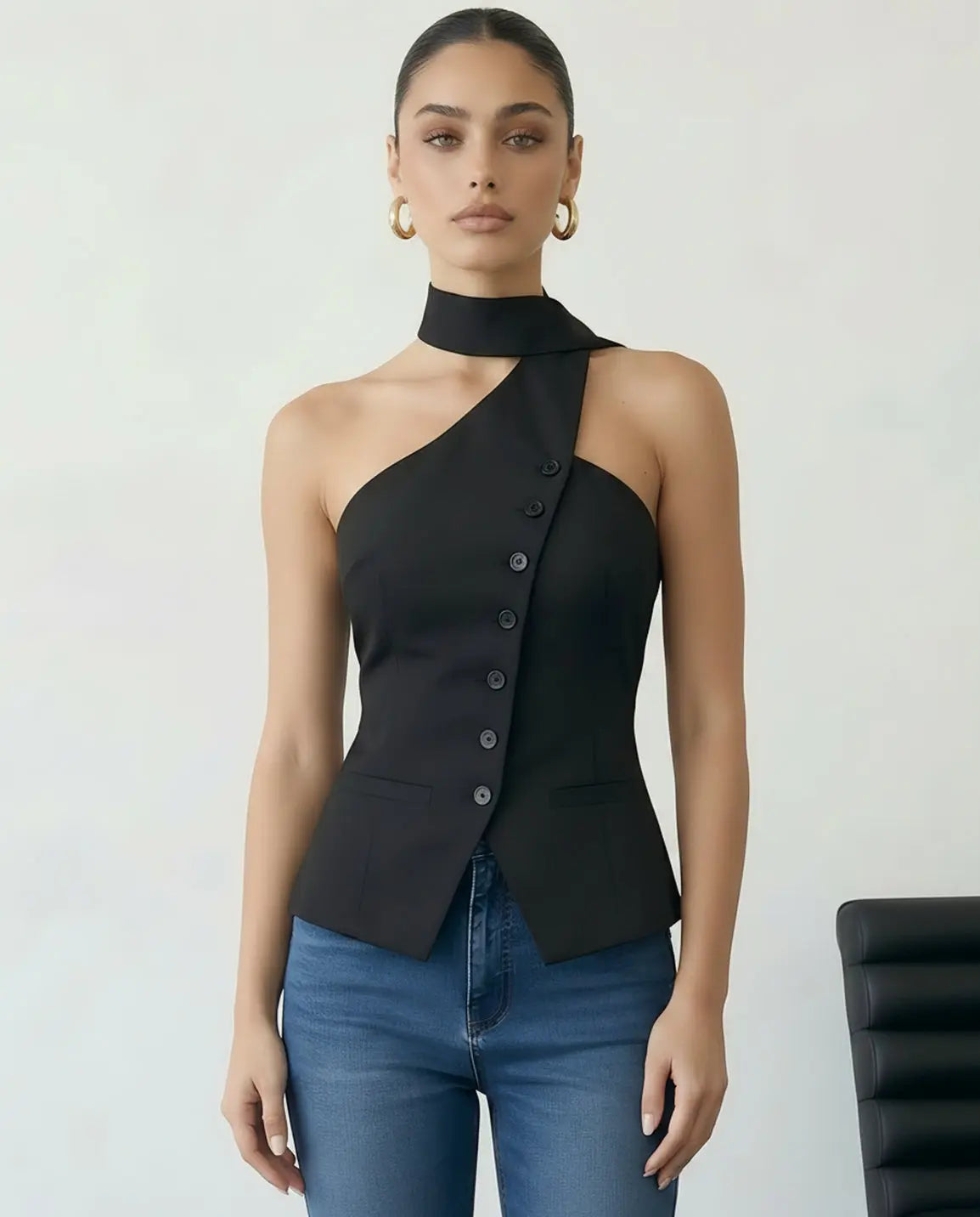 SOLACE  Black Asymmetrical One Shoulder Neck Tie Blouse?