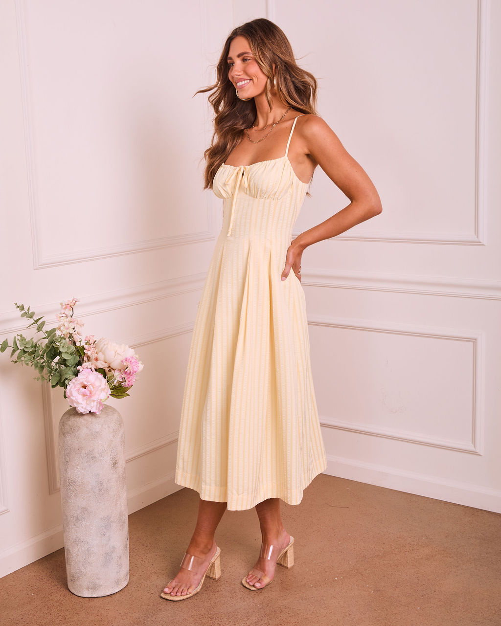 Darcelle Striped Godet Fitted Midi Dress mysite