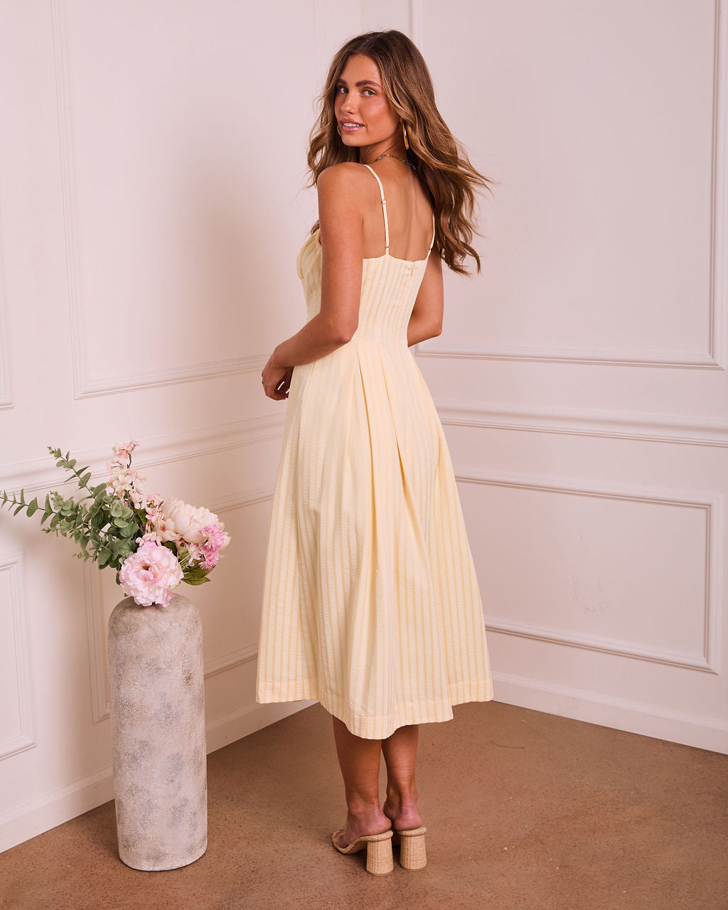 Darcelle Striped Godet Fitted Midi Dress mysite