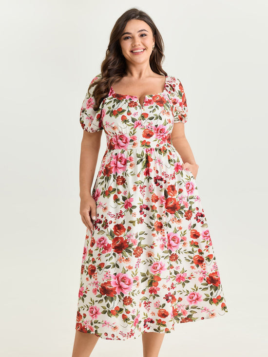 Floral Print Triangular Waist Midi Dress OMFORT