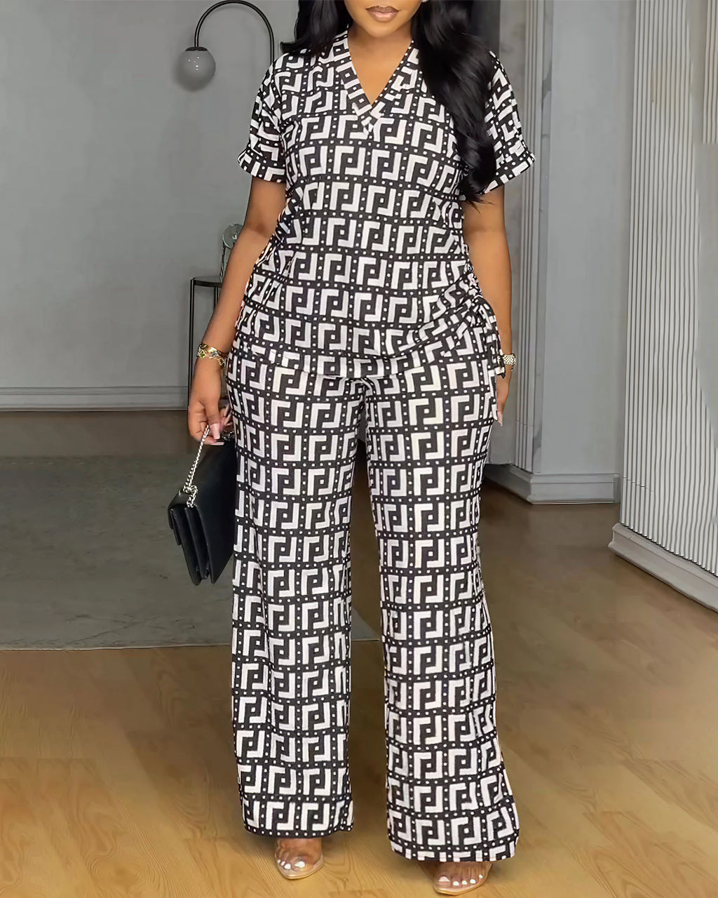 Casual Street Daily Vacation Print Slit V Neck Short Sleeve Two Pieces omfort