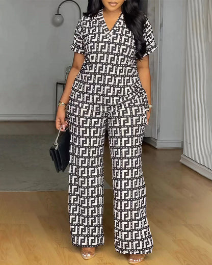 Casual Street Daily Vacation Print Slit V Neck Short Sleeve Two Pieces omfort