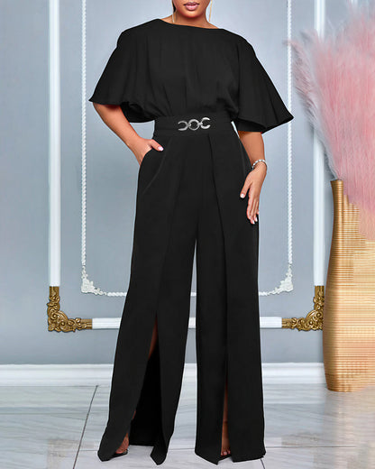 Casual Daily Solid Color Patchwork Slit Oblique Collar Regular Jumpsuits omfort