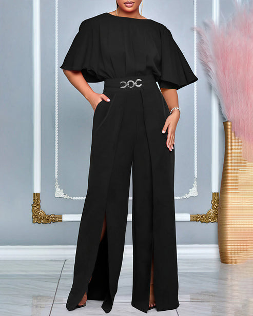 Casual Daily Solid Color Patchwork Slit Oblique Collar Regular Jumpsuits omfort