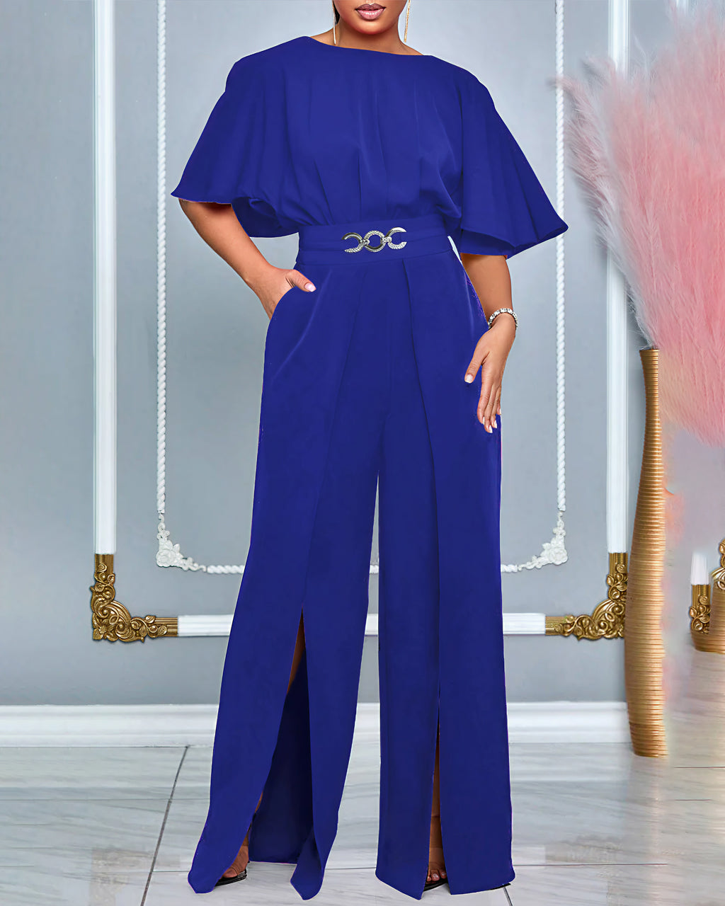 Casual Daily Solid Color Patchwork Slit Oblique Collar Regular Jumpsuits omfort