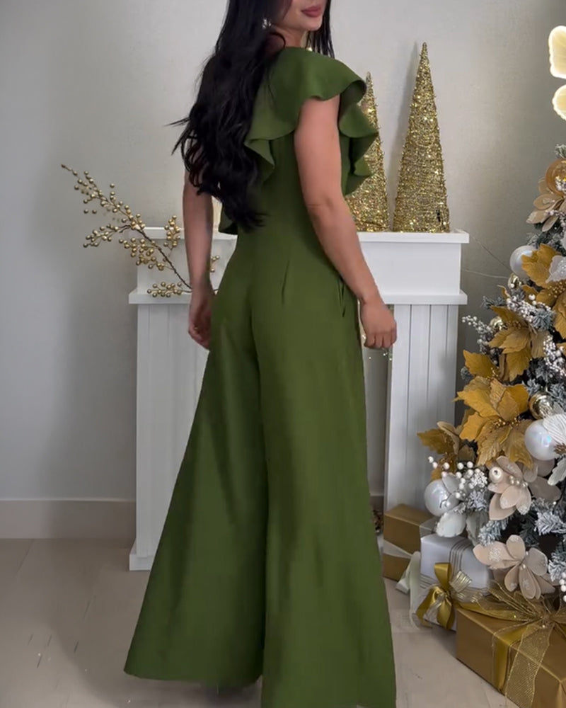 V-Neck Adjustable Spaghetti Straps Backless Overalls Casual Zipper Back Wide Leg Jumpsuit with Convertible Ruffles Tie Panel OMFORT