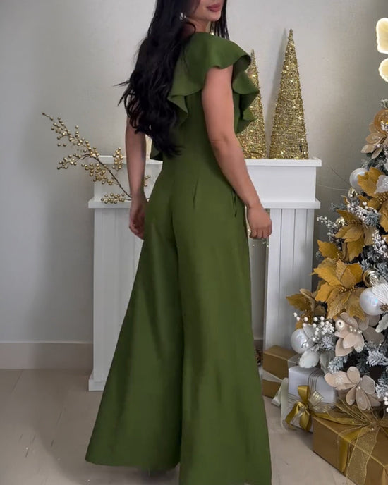 V-Neck Adjustable Spaghetti Straps Backless Overalls Casual Zipper Back Wide Leg Jumpsuit with Convertible Ruffles Tie Panel OMFORT