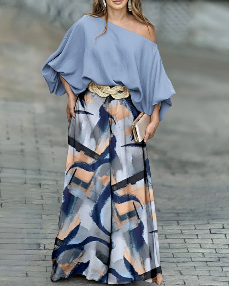 2 Pieces Outfit Skew Neck Batwing Sleeve Stretchy Hem Top and Casual Abstract Print Zipper Fly Elastic Back Waist Wide Leg Pants Set without Belt Omfort