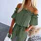 Frill Trim Off Shoulder Short Sleeve Tie Waist Overalls Casual Textured Jumpsuit Omfort