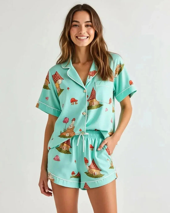 Lapel Mushroom Print Pajama Set OMFORT