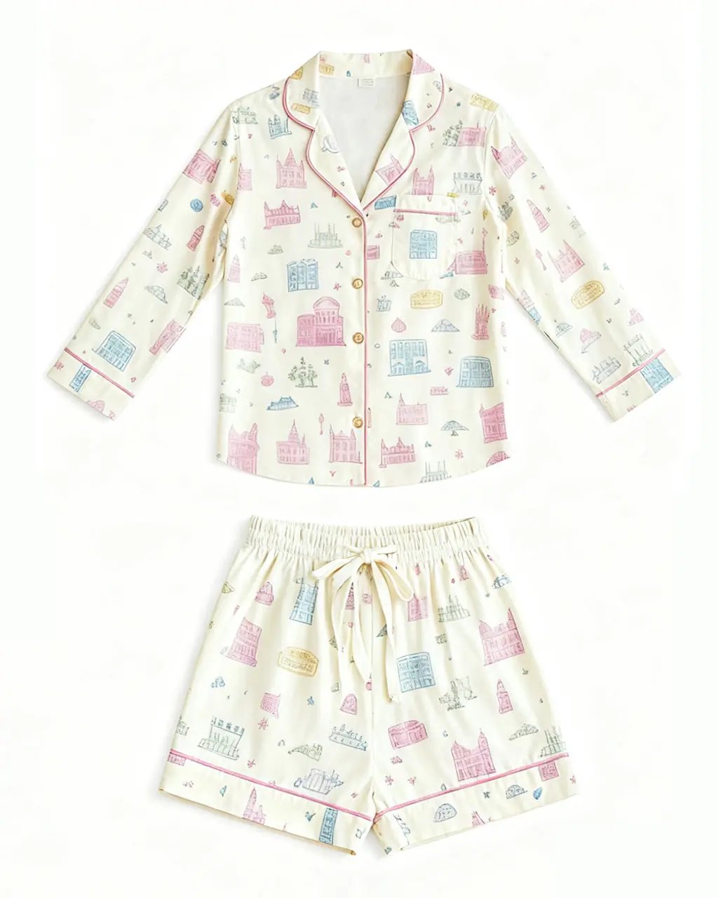 Funky Architectural Pattern Lapel Pajama Set OMFORT
