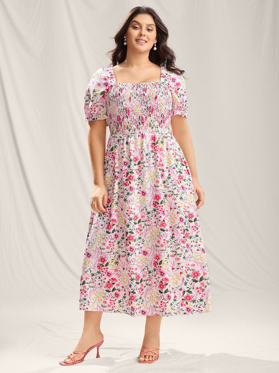 Shirred Floral Print Pockets Maxi Dress OMFORT