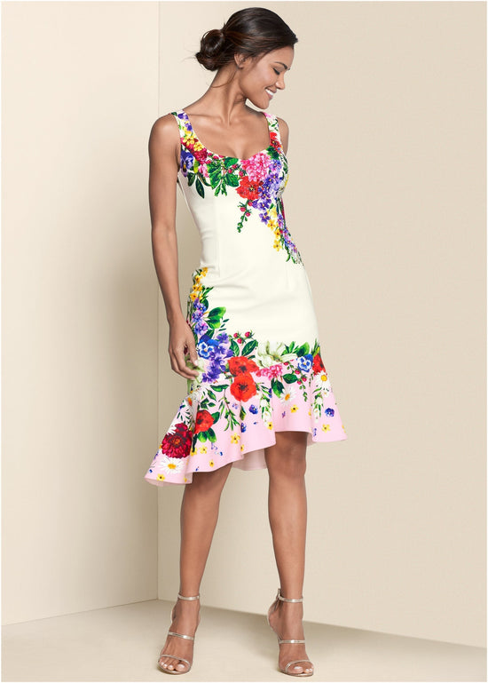 Ruffle Trim Detail Dress - White Multi OMFORT