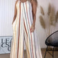 Striped V Neck Sleeveless Zipper Back Overalls Casual Shoulder Tied Wide Leg Jumpsuit With Pockets OMFORT