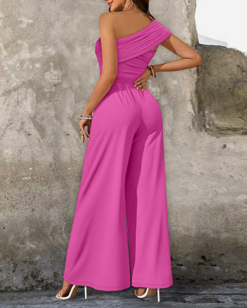Cold Shoulder Ruched Buckle Wide Leg Jumpsuit Omfort