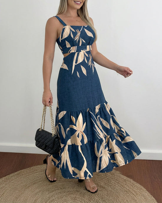 Plants Placement Print Adjustable Straps Cutout Waist Shirred Back Maxi Dress Casual Cinched Waist Ruffle Hem Vacation Dress Omfort