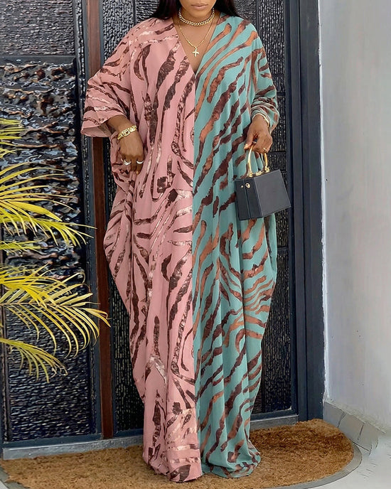 Colorblock Abstract Print V-Neck Batwing Sleeve Backless Loose Fit Maxi Dress omfort