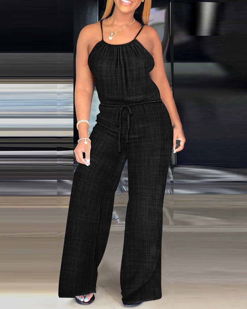Spaghetti Strap Drawstring Tied Waist Jumpsuit Casual Overalls OMFORT