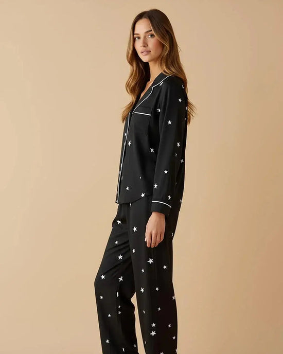Black Star-Print Lapel Pajama Set OMFORT