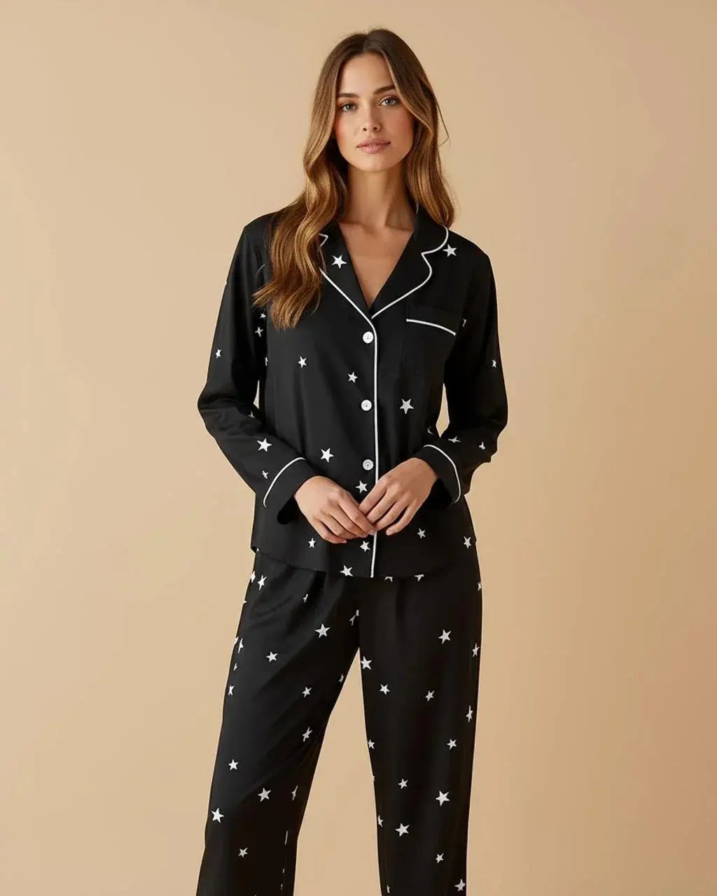 Black Star-Print Lapel Pajama Set OMFORT
