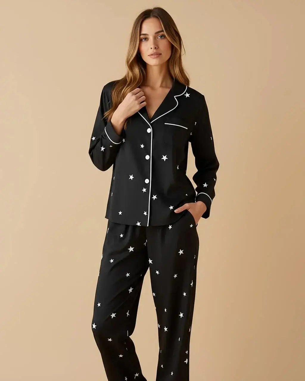 Black Star-Print Lapel Pajama Set OMFORT