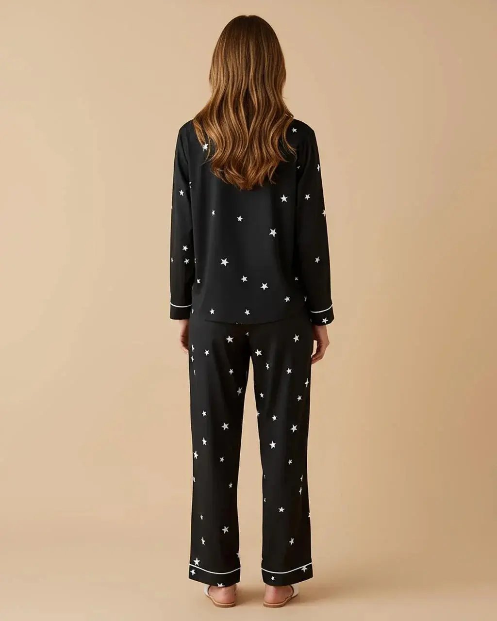 Black Star-Print Lapel Pajama Set OMFORT