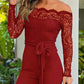 Off Shoulder Long Sleeve Eyelash Lace Spliced Slim Fit Overalls Casual Zipper Back Jumpsuit with Belt OMFORT